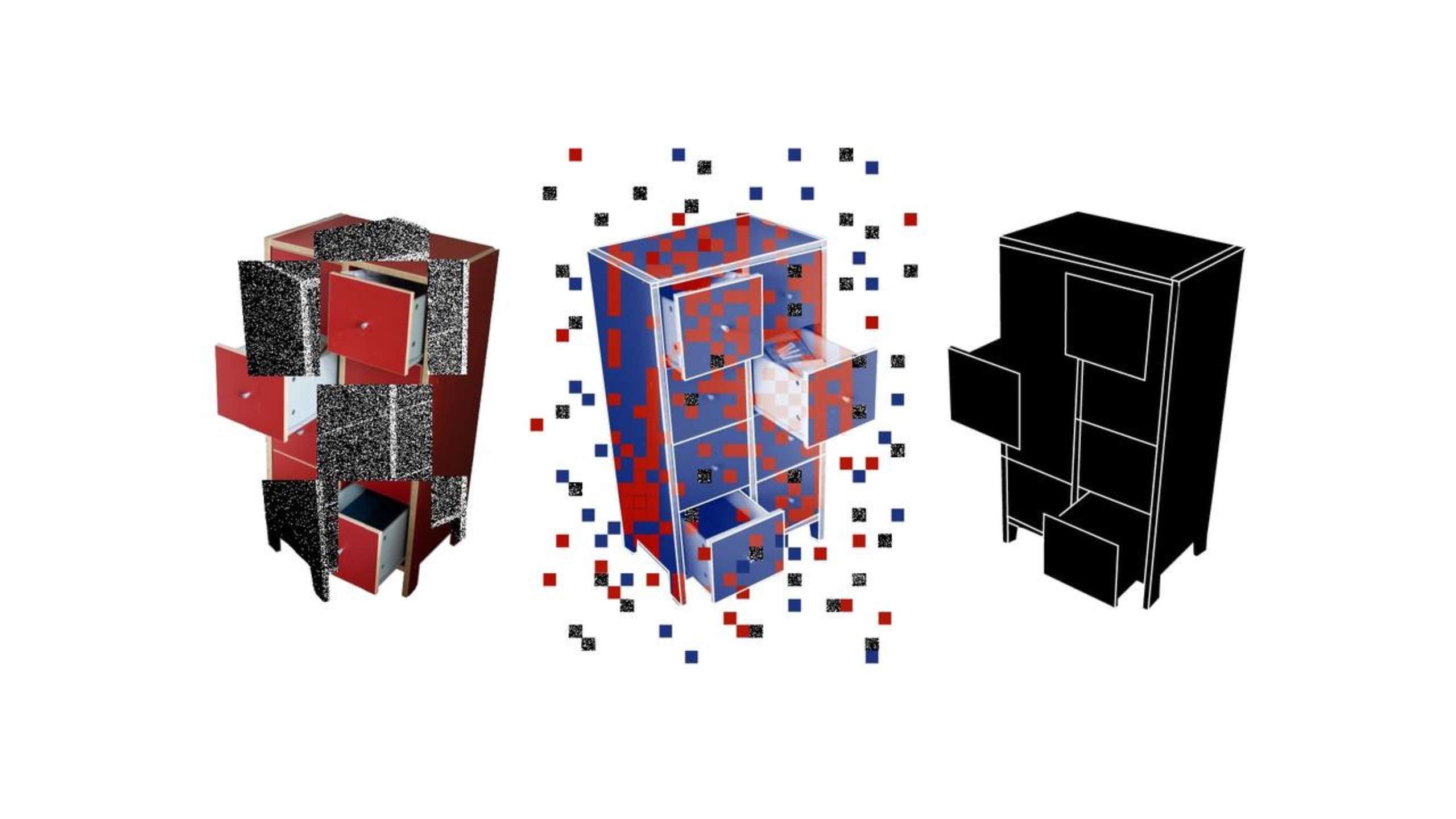An illustration of three „pixelated“ cupboards
